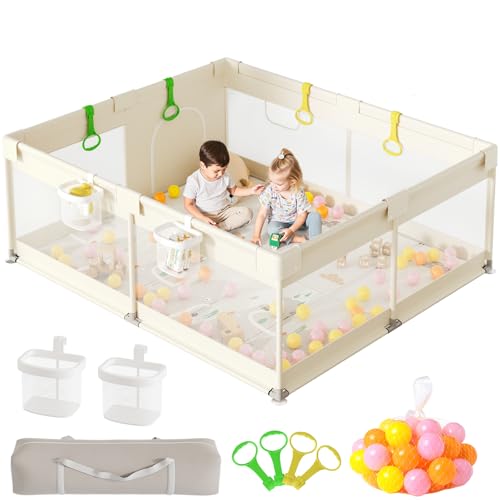 ZEEBABA Baby Playpen with Mat - 71x59in Extra Large Play Pen Play Yard for Indoor & Outdoor, Baby Fence Playard with Gate, Play Area for Toddler Parc pour Bébé (Beige)