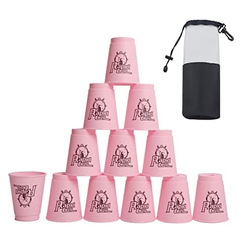 DoInFun Stacking Cups, Pack of 12 Quick Stack Cups Speed Training Game for Challenge Competition Travel Party, Medium Size for Kids/ Adults - Pink Cover