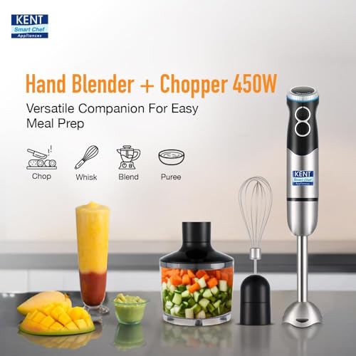 Image of KENT Hand Blender Plus Chopper 450 W | Variable Speed Control | Turbo Switch for Fast Blending & Chopping | Hot & Cold Blending | Low Noise DC Motor | Multiple Attachments Chopper, Whisker & Jar
