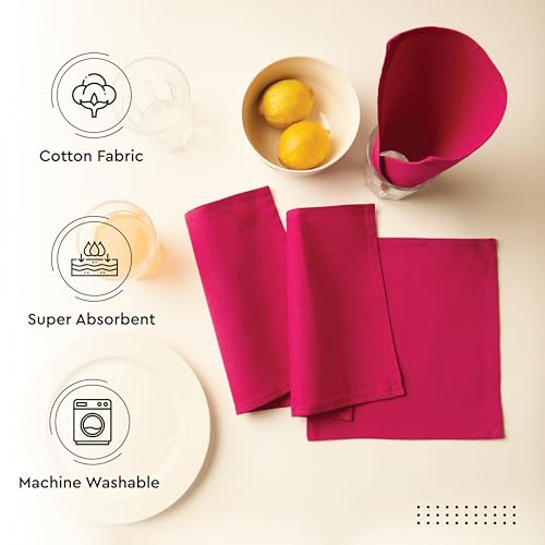 Image of Encasa XO Dining Cocktail Napkins 12 pcs (1 Dozen) Set of Large 23x23 cm (9 inchx9 inch) - Hot Pink - Absorbent Heavy Cotton Party Fabric Machine Washable for Home Restaurant Banquet & Hotel