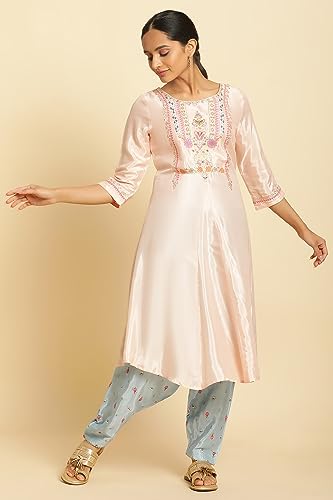 Image of W for Woman Peach Embroidered Flared Kurta