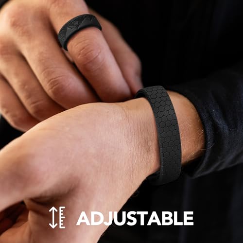 King Will Adjustable Silicone Bracelet for Men 10" Breathable Rubber Wristband Designed with Lighting/Squares, Black/Grey2