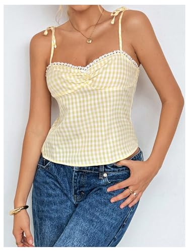 Floerns Women's Plaid Print Tie Shoulder Camisole Cute Lace Trim Ruched Bust Cami Top4