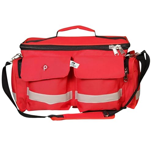 Image of PAHAL Large First Aid Medical Kit Bag 18 Inch Red | Heavy Duty Waterproof Emergency Doctor Bag with 10 Pockets & 3 Compartments | Medicine Instrument Storage for Hospital, Clinic, Home, Industrial Use