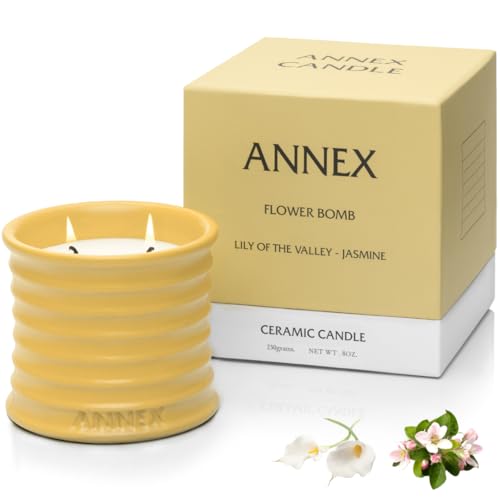 Scented Luxury Candles in Handmade Ceramic Jars, Soy Wax | Flower Bomb – Lily of The Valley & Jasmine, Large Candle | Non Toxic, 2 Wicks, Reusable Yellow Jar | Natural Spring Aromatherapy for Women