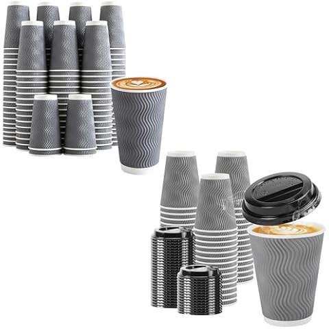 Clawsoff 120 Pack 12 oz Disposable Coffee Cups + 100 Pack 12 oz Disposable Coffee Cups with Lids Cover