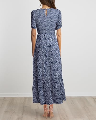 Image of BTFBM Women Casual Short Sleeve Crew Neck Summer Dress Bohemian Floral Printed Flowy Maxi Dresses Tiered Cocktail Dress
