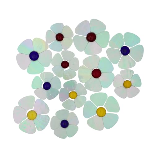 Yuvori Carreaux de mosaïque à fleurs irisées – 12 pièces de tailles mixtes, fleurs de mica irisées à 5 pétales avec perles centrales pour art mosaïque, jardin féérique, artisanat de maison, décoration