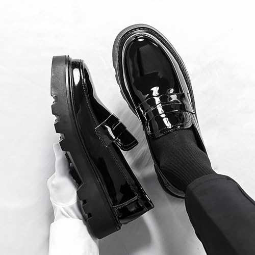 Men's Patent Leather Platform Penny Loafers Comfort Round Toe Chunky Heel Slip On Dress Shoes for Business Formal Work4