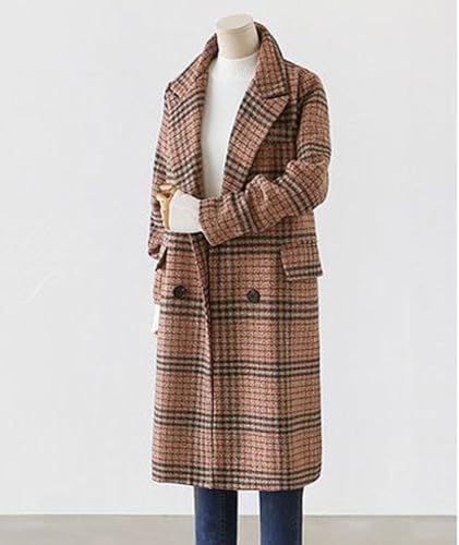 SOMTHRON Women's Plaid Trench Coat Oversize Double Breasted Lapel Jacket Mid-Long Winter Pea Coat Overcoat3
