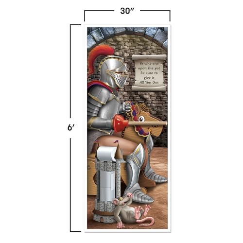 Image of Beistle Knight Restroom Door Cover - 2 Pack, Medieval Castle Bathroom Party Decorations, Funny All-Weather Plastic Backdrop for Renaissance Fairs, Festivals, Birthday Parties, Themed Events, 6' x 30 inch