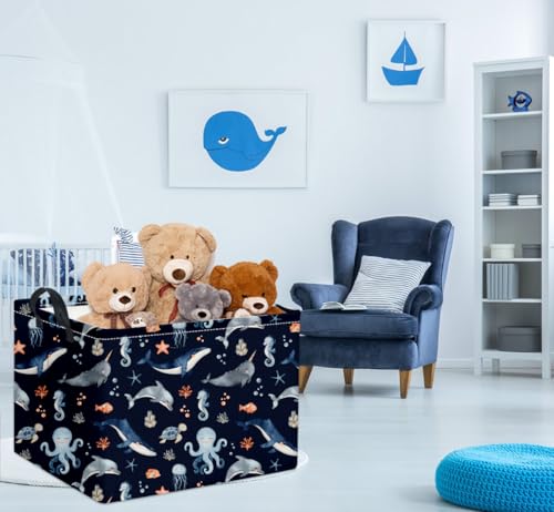 Image of Rectangular Ocean Basket Kids Baby Storage Bin Toy Organizer Box for Boys Under the Sea Nursery Decor(Ocean)