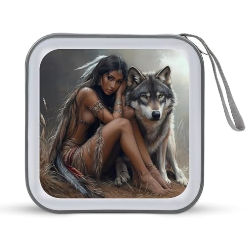 Indian Maiden And Wolf Native Am-erican CD Case Portable DVD Holder Storage Organizer for Home Travel