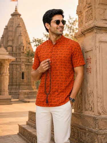 Image of LATEST CHIKAN Men's Cotton Printed Short Kurta | Half Sleeve Band Collar Ethnic Wear | Radhe Print Casual Festive Traditional Kurta for Men