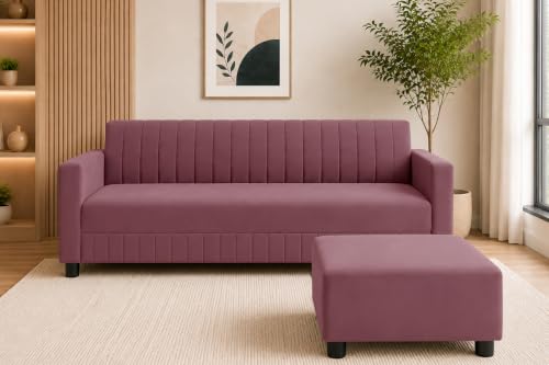 Image of 3 Seater Velvet Sofa with Ottoman | Modern Upholstered Couch | Comfortable Living Room Sofa | Durable & Stylish Seating for Home, Office & Guest Room - Rose Pink Color