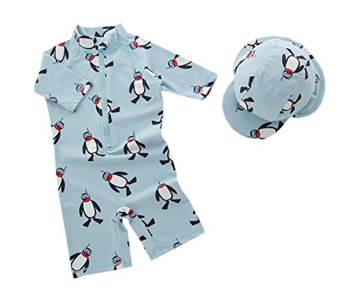 stylesilove Little Boys Cute Penguin One-Piece Rash Guard with Sun Hat 2 pcs Green Swimsuit Beach Swimwear (12-18 Months, 18_Months)
