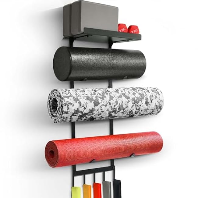 Yoga Mat Holder Wall Mount, Home Gym Storage Rack with Top Flating Shelf, 4-Tiers Holding Yoga Mat/ Blocks/ Rollers and Decorations, 5 Hooks for Resistance Bands, Skipping-Rope, Small Gym Equipment