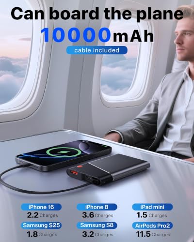 Image of Aaoyun 10000mAh Portable Power Bank, 22.5W PD Fast Charging Battery Pack with Built-in USB-C Cable, Ultra-Slim External Phone Charger for iPhone 17 /16 /15, Samsung Galaxy S24, Android (Grey)