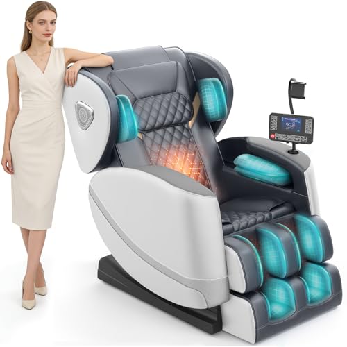 FURNIMAT Massagesessel Ganzkörper, mit 10 Massagerollen, Taillen- und Beinheizung, Fußmassage, Bluetooth-Lautsprecher, Touchscreen-Controller, Schwerelosigkeitsmodus. (Hellgrau)