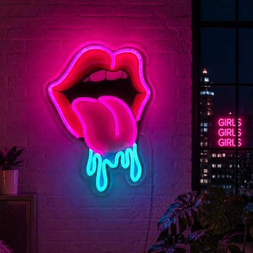 Image of Lips Tongue Neon Sign LED Neon Lights for Wall Decor, Party Decoration, Bar, Bedroom, Game Room, Man Cave, Aesthetic Neon Light Sign Gift for Friends, Couples, and Trendy Room Decor