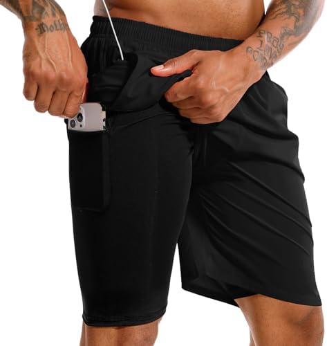 TENJOY Men’s 2 in 1 Running Shorts Quick Dry Gym Athletic Workout Shorts for Men with Phone Pockets