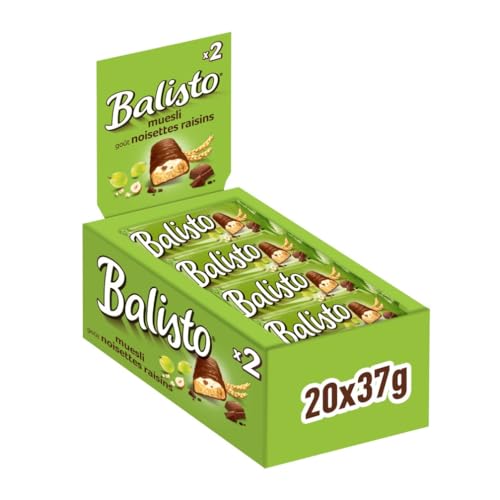 BALISTO - Barre Biscuit Céréales et Chocolat au Lait Muesli - 20 x 37g - Goût Noisettes Raisins - Boite de Barres Chocolatées - Grand Format - 740g