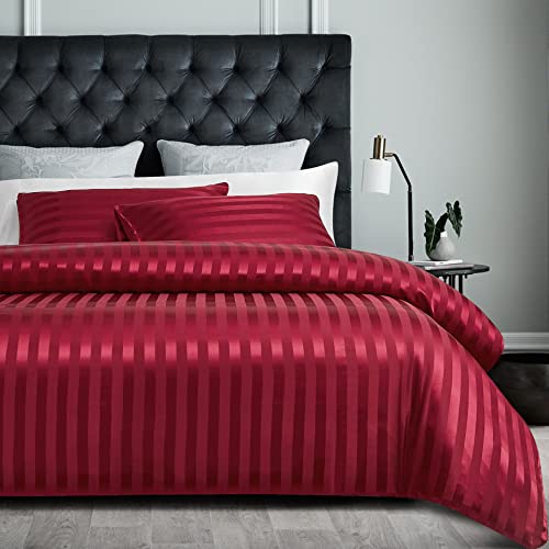 Sedefen Housse de Couette 220x240cm Rouge en Satin + 2 Taies d'oreiller 65x65cm avec Fermeture Éclair Soyeux Parure de Lit Adultes 2 Personnes Satin Rayé Lisse Luxe literie Cover