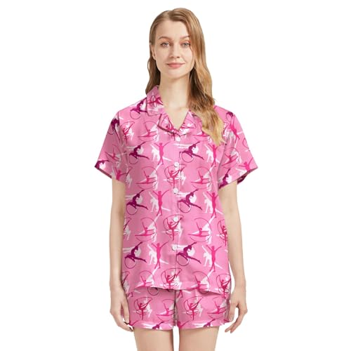Image of Funny Pajamas for Women Set Print Satin Loungewear Pjs Short Sleeve Button Down Top and Shorts Sets Sleepwear XS-3XL