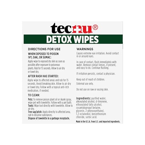 Image of Tecnu Detox Wipes, 18count. Large Individual Poison Ivy Relief Wipes Remove Rash Causing Oil from Skin, waterless, Also for Poison Oak and Poison Sumac