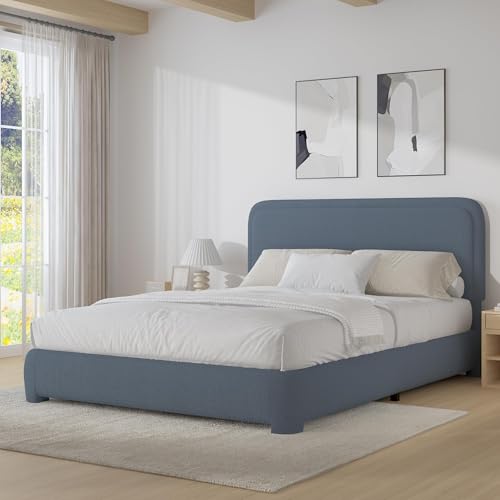 BarnFurin Full Size Bed Frame Cloud Boucle Upholstered Platform Bed Frame with Headboard Soft Rounded Corners No Box Spring Required Non-Slip and Noise-Free Easy Assembly Blue