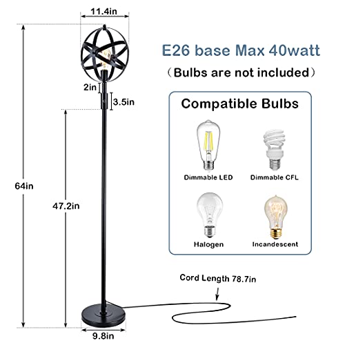 Airposta Globe Industrial Floor Lamp With On/Off Dimmable Switch, Rustic Spherical Standing Lamp, 40W Retro Torchiere Floor Light For Office, Living Room, Reading, Bedroom,Tall Vintage Pole Light #TOP5
