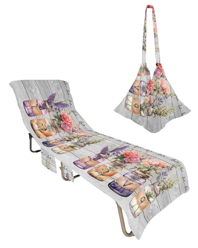 Valentine's Day Beach Chair Towel Covers for Chaise Lounge with Side Pocket, Soft Plush Pool Towels Cover for Patio Sunbathing Outdoor 29''x85'' Retro Lavender Roses Flowers Leaves Bottle
