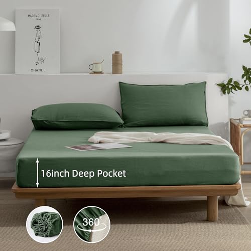 EVERLY Linen King Size Sheets Set,100% French Washed Pure Linen Bed Deep Pocket Sheets,4Pieces(1Flat Sheet,1Fitted Sheet,2Pillowcase) Suitable for Hot Sleepers,180GSM Dark Green Bedding Set