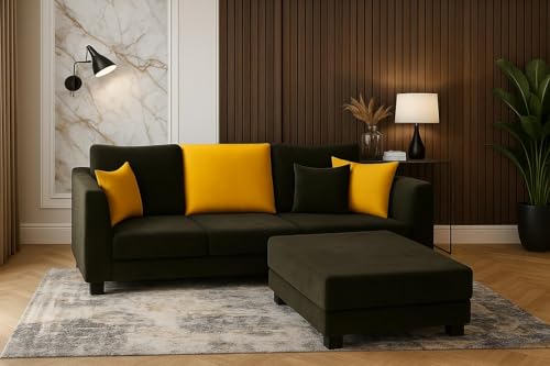 Image of SOCOZI Trevano 4 Seater L Shape Sofa Set with Movable Ottoman | Flexible Left or Right Layout | Soft Velvet Suede Fabric | Modern Design | Plush Comfort Cushions for Living Room (Black- Yellow)