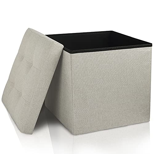 HemFns Folding Storage Ottoman Cube, Ottoman Foot Rest for Couch,15â€ x 15â€ x 15 â€ Fabric Foot Stool Ottoman with Sponge Padded Seat for Living Room, Bedroom, Support 350 lbs (Beige)