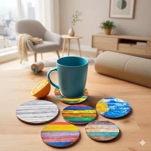 Image of The Better Home Coaster Set of 6 | Ceramic Drink Coasters with Cork Steel Holder | Dining Table Decor Accessories for Cups, Coffee Mugs, and Glasses | Attractive Multicolor Design