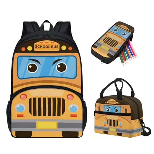 Tuoxiukan School Bus Backpack and Lunch Box Pencil Case 3 PCS Kids School Backpack for Girls 4th Grade Lightweight Large Capacity Girls Bookbag Age 10-12 Rucksack with Adjustable Straps