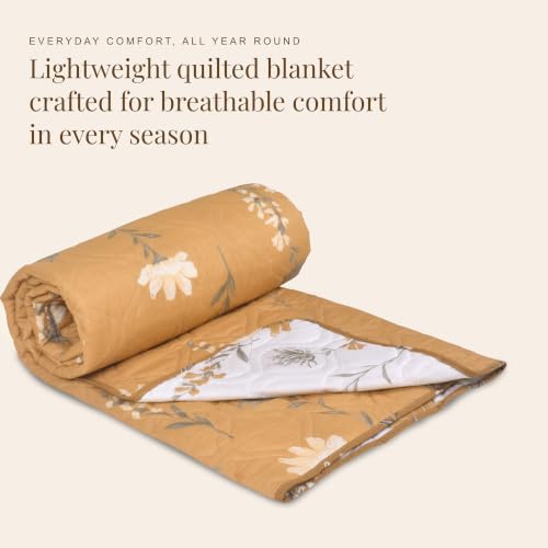 Image of HUESLAND Reversible AC Quilt Blanket Single Bed | 100% Cotton Quilted Shell, Super Soft 120 GSM Microfibre Wadding | Lightweight Comforter for All Weather Use | 55 x 88 inches, Floral