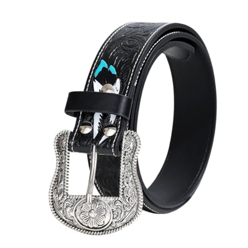 Western Cowboy Cowgirl Belt Women Men, Turquoise Buckles Embossed Leather Belt for Jeans Pants Rodeo,Black b,110CM/43.3''2