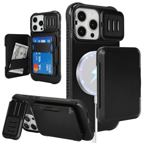 CoozCase for iPhone 13 Pro Max & iPhone 12 Pro Max Case Wallet with Slide Camera Cover & Foldable Camera Stand & Magnetic Card Holder, Compatible with MagSafe, Heavy Duty Protection, Black