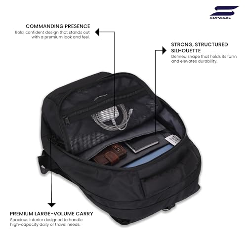 Image of Supasac EMPEROR Professional 39L Backpack for Office and Daily Carry Black | Water Resistant, Premium Polyester Laptop Backpack for Men and Women