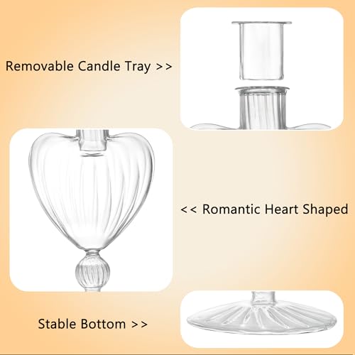 Image of Flameless Taper Candle with Vintage Glass Candle Holder, Set of 2, Wedding Dating Party Table Decor Centerpiece, Heart Shaped, Clear