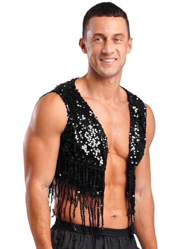 Men's Cowboy Vest Sequins Western Crop Tank Top Jackets Open Front Fringe Waistcoat Cardigan4
