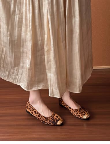 ZQW Women’s Leopard Print Ballet Flats Metal Square Toe Elegant Office Shoes Comfort Commute Wear Daily Work Slip On Shoes2
