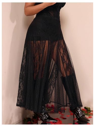Verdusa Women's Plus Size Lace Mesh Sheer Maxi Skirt Flowy Flared High Waisted Tulle Skirts3