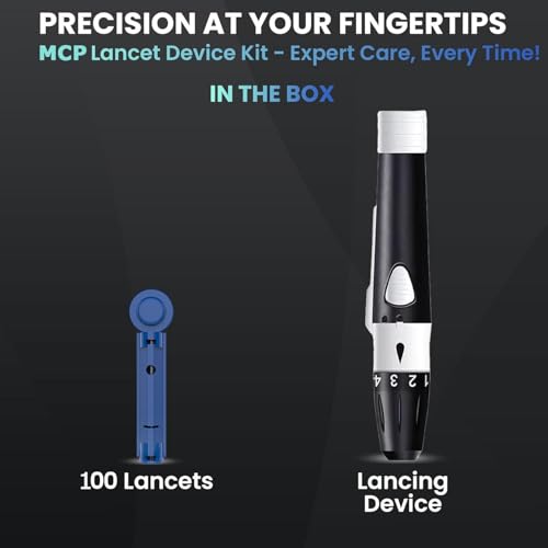 Image of MCP Lancing Device Sugar Testing Pricking Pen 5 Depth Settings Pain-free with Round Lancets (Combo: Lancing Pen + 100 Lancets)