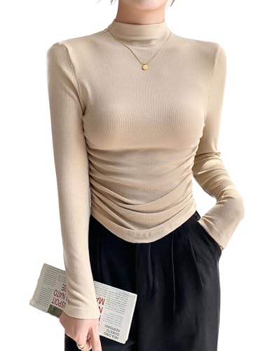 Women Mock Neck Ruched Shirt Knitting Long Sleeve Casual Cozy Tight Crop Top
