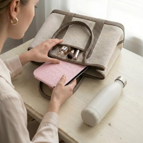 Image of Foldable Makeup Mirror with Adjustable Stand, Portable HD Vanity Mirror for Travel & Dressing Table, PU Leather Crocodile Pattern Compact Cosmetic Mirror for Women & Girls,(16x11cm) Pink