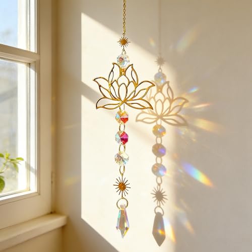 Kristall Sonnenfänger Lotus 44 cm Lichtfänger mit Regenbogen Effekt Spirituelle Geschenke für Frauen Fensterdeko Hängend Kristall Deko für Zuhause Garten Büro Meditation & Yoga Raum