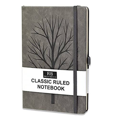 RICCO BELLO College Ruled Hardcover Lined Lay Flat Journal Notebook - Vegan Leather, Elastic Closure, Pen Loop, Bookmark, Inner Pocket, 192 Lined Pages, 5.7 x 8.4 inches (Granite Tree)